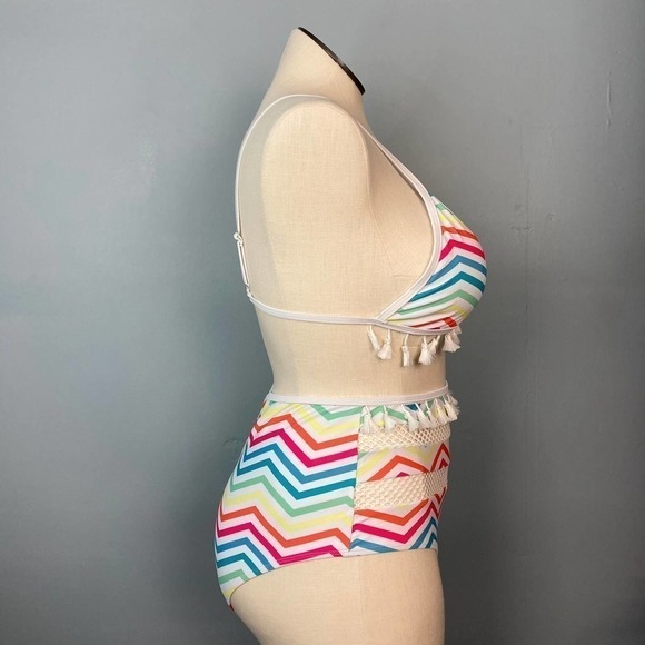 RAINBOW Chevron White Two Piece Bikini Set Tassel Mesh Detail US Size 12 Striped - Picture 4 of 12